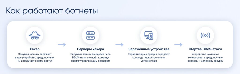 Схема, как работают ботнеты при DDoS-атаках
